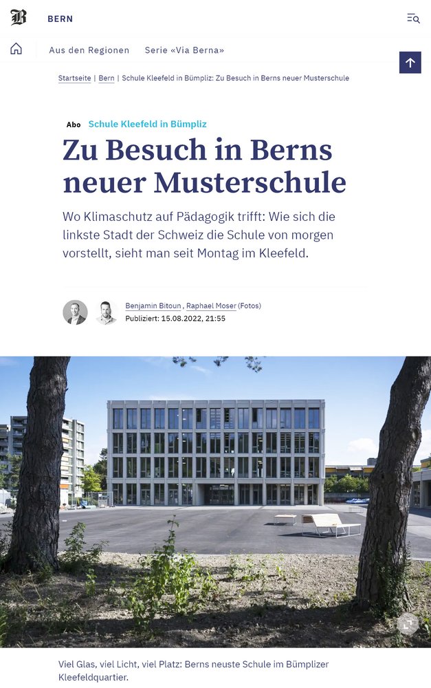 15.08.2022 Artikel im Bund zur Eröffnung Volksschule Kleefeld Bern (DerBund_VS-Kleefeld.jpg)